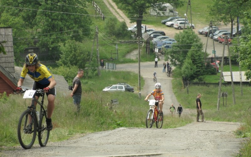 Oświetlony budynek wśród zaśnieżonych drzew zimą o zmierzchu